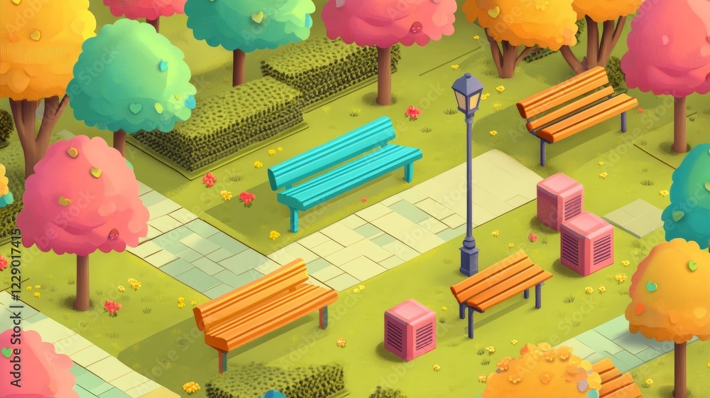 Poster a park with a path and benches. there are two benches on the left side of the path and two on the ri
