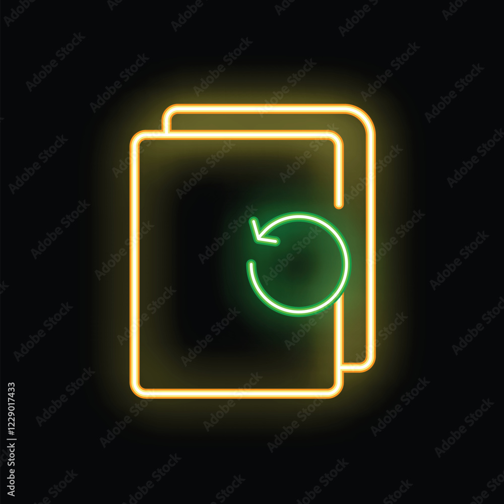Poster Glowing neon line icon of documents with rotating arrows for update or synchronize concept is isolated on black background