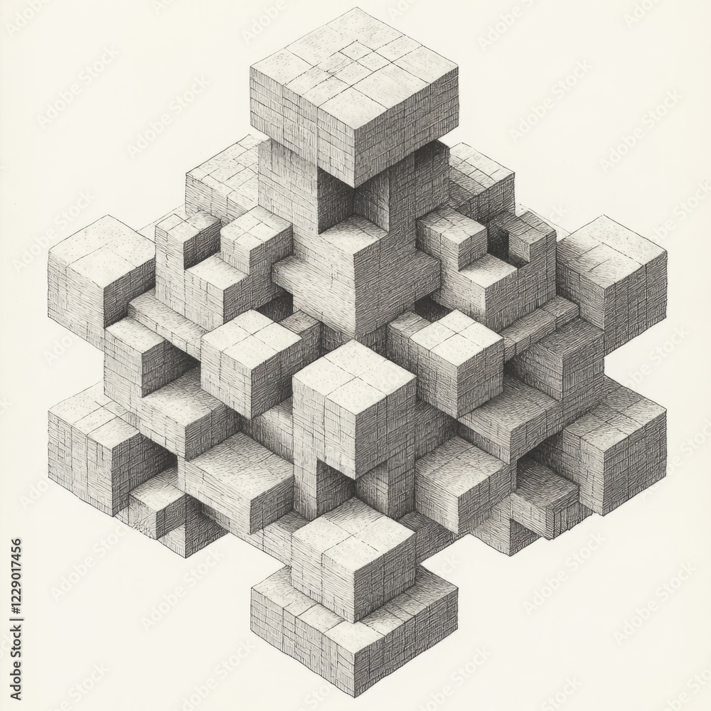 Poster detailed line art of a geometric cube structure, showcasing intricate abstract design in monochrome.