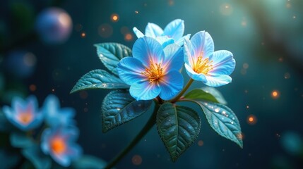 Enchanted Azure Blossoms Delicate Petals Glimmering with Dew Drops in a Mystical Garden Setting