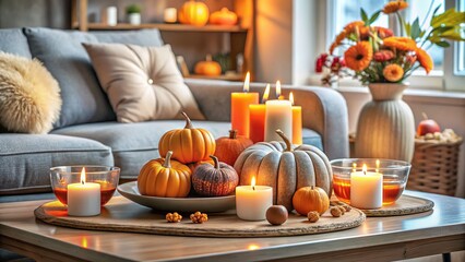 Cozy Autumn Living Room, Hygge Decor, Orange & Gray Pumpkins