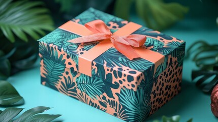 A paper gift box with a jungle safari theme, featuring animal prints and tropical leaves