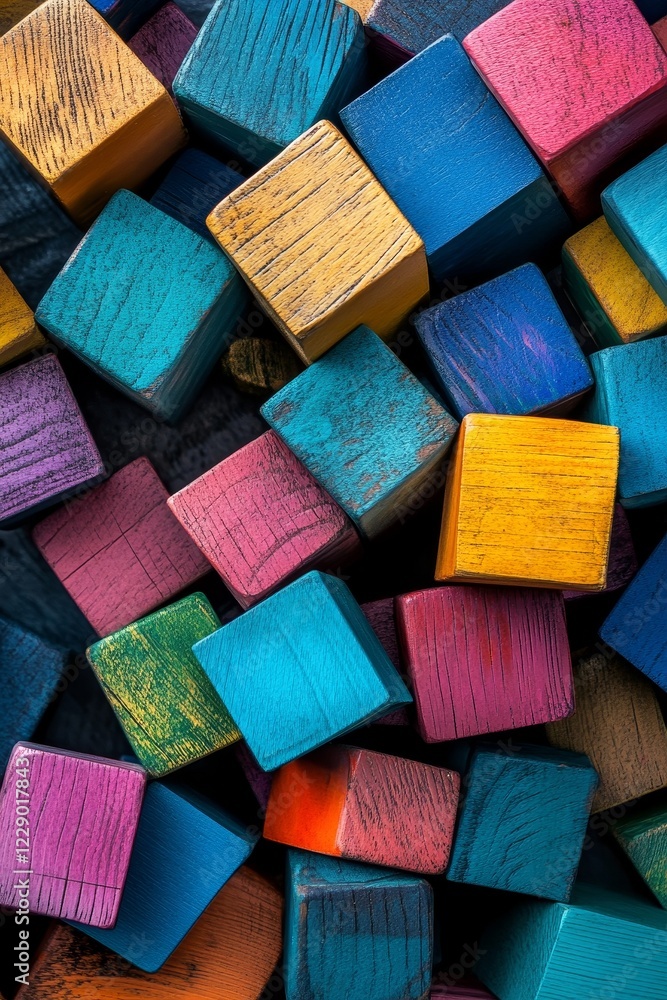 Poster a vibrant collection of colorful wooden blocks arranged in a random pattern, showcasing various text