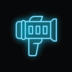 Blue neon sign icon of a professional studio flash light for photography and video shooting is glowing in the dark