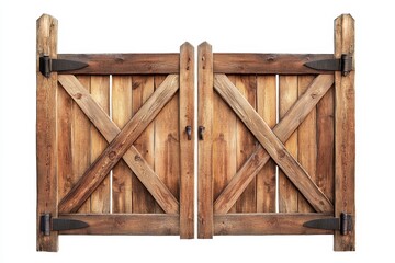 Rustic double wooden gate with diagonal bracing, isolated on white.
