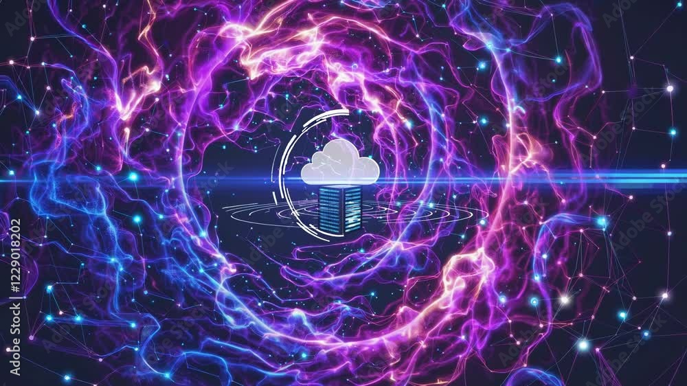 Poster abstract visualization of a cloud data server with vibrant nebula dust flowing around it, dynamic li