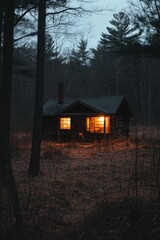Luminous Cabin in the Woods at Night