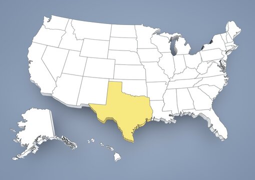 Texas, TX, highlighted on a contour map of USA, United States of America, 3D illustration