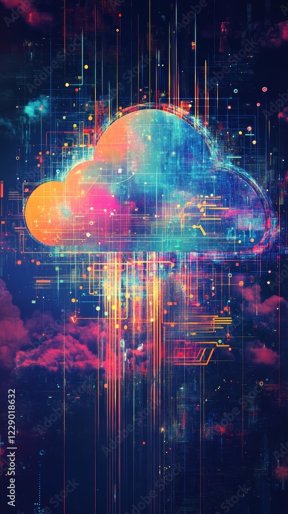 Poster vibrant cloud technology concept with digital network and data integration