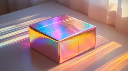 A paper gift box with rainbow holographic colors, reflecting light on a clean studio background