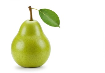 A ripe green pear with a single brown stem and a green leaf attached isolated on a white background