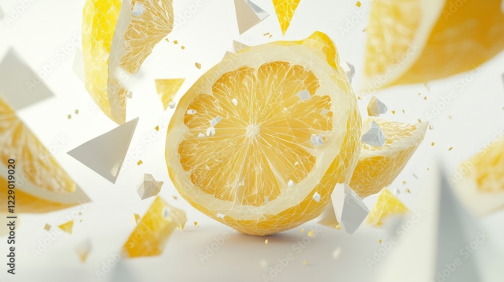 Aufkleber sliced lemon exploding with geometric shapes and bright colors