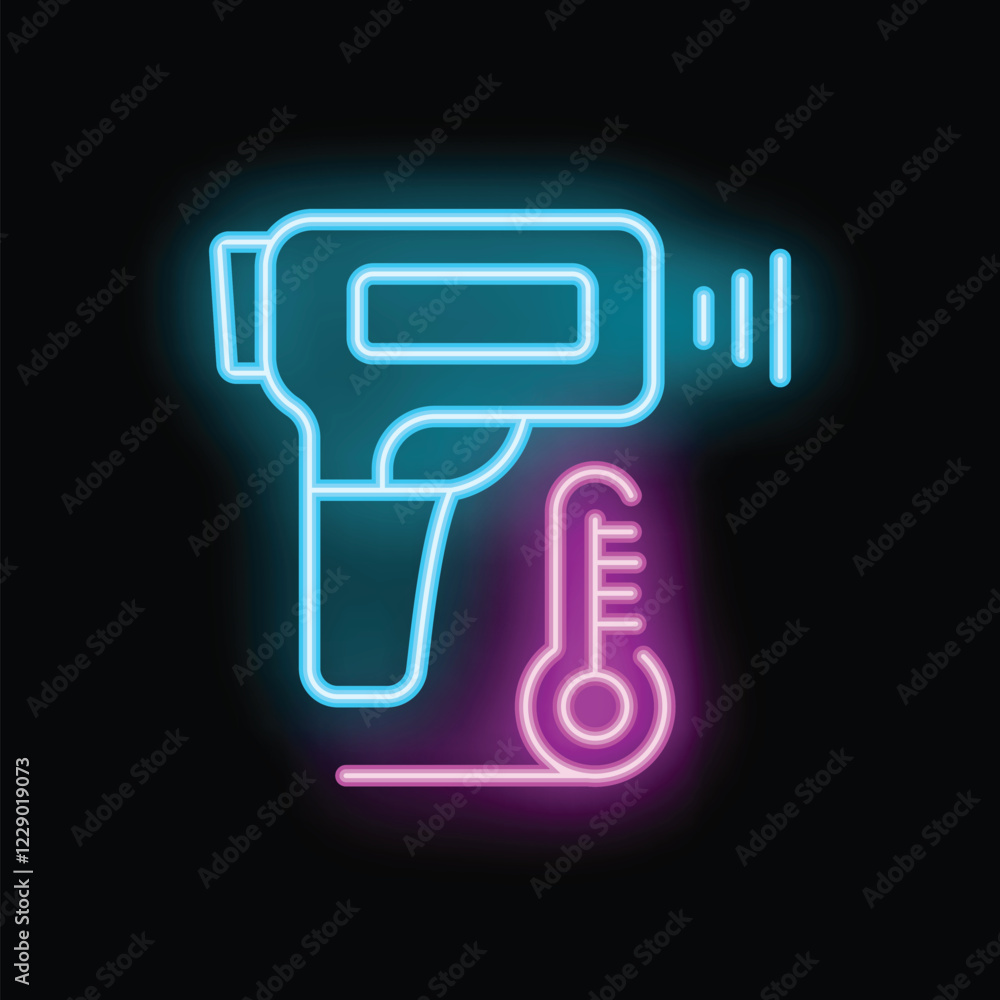 Poster neon sign showing a contactless thermometer measuring temperature, a modern and safe way to check fo