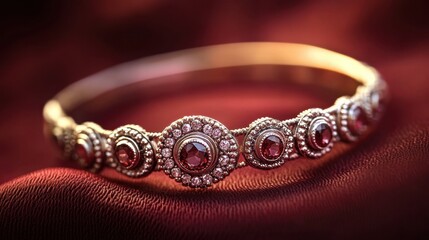 A white gold bangle with gemstone accents displayed on a rich red backdrop.