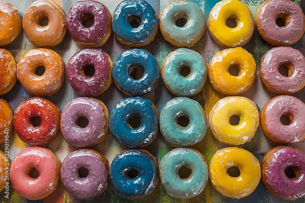 Poster a vibrant display of assorted glazed donuts arranged in rows showcases their colorful frosting and t