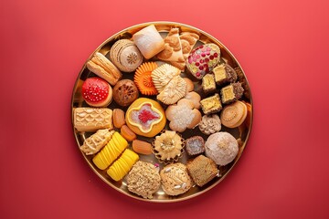 Stock photo of Indian sweets served in silver or wooden plate. variety of Peda, burfi, laddu in decorative plate, selective focus