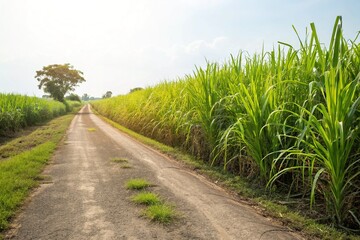Empty Road Through Asian Sugarcane Field at Summer