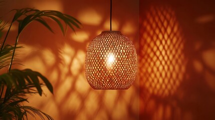 Obraz premium A woven bamboo pendant lamp casting intricate patterns of light and shadow on an orange wall