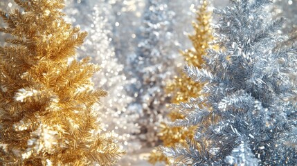 Delicate silver and gold trees create a magical winter wonderland scene during the holiday season