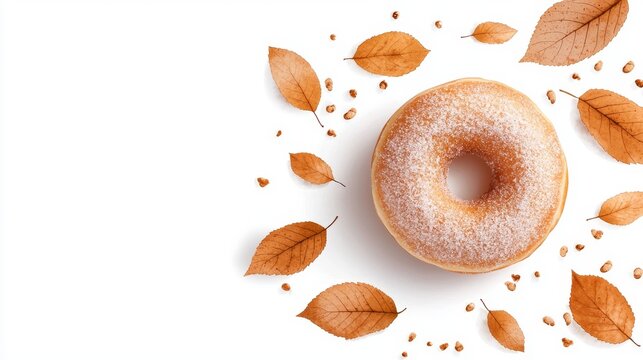 A cinnamon-sugar donut with edible leaves in fall colors, watercolor effect, cozy theme, isolated on white background
