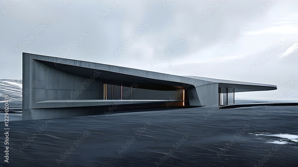 Poster minimalistic grey colored architecture in geometric adorned structures against a surreal backdrop, a