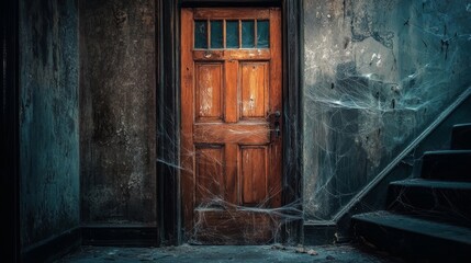 Abandoned interior with a weathered wooden door, cobwebs, and peeling paint in a dimly lit space