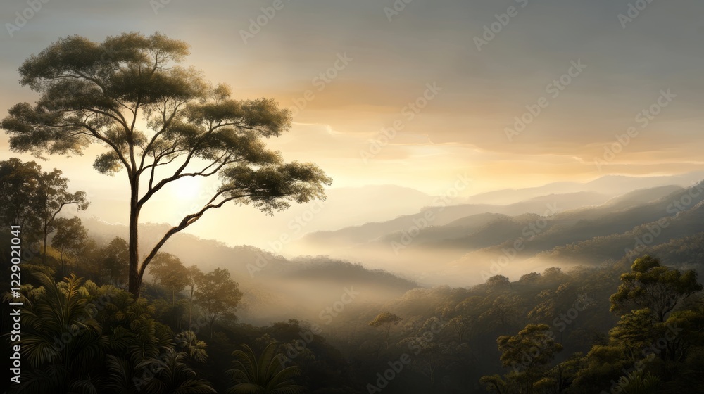 Poster serene forest with mocha mousse trees under a golden sunset and soft mist creating a tranquil enviro