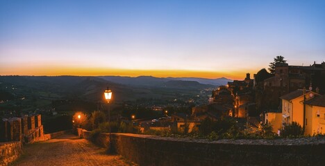 City walls, townscape of the old town, sunset, Orvieto, Umbria, Italy, Europe