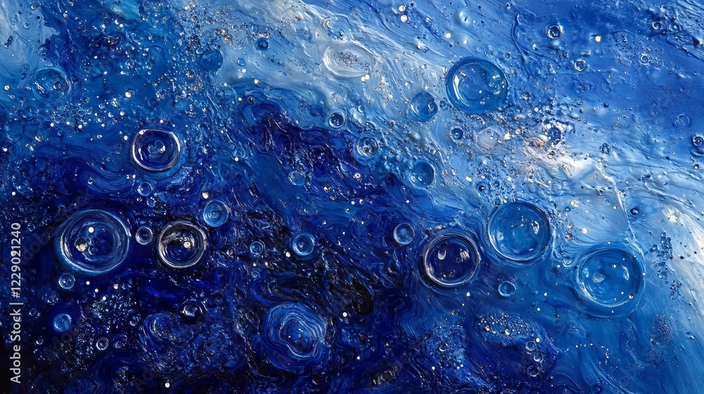Poster abstract deep blue ocean surface with bubbles and waves at various depths in a tranquil setting