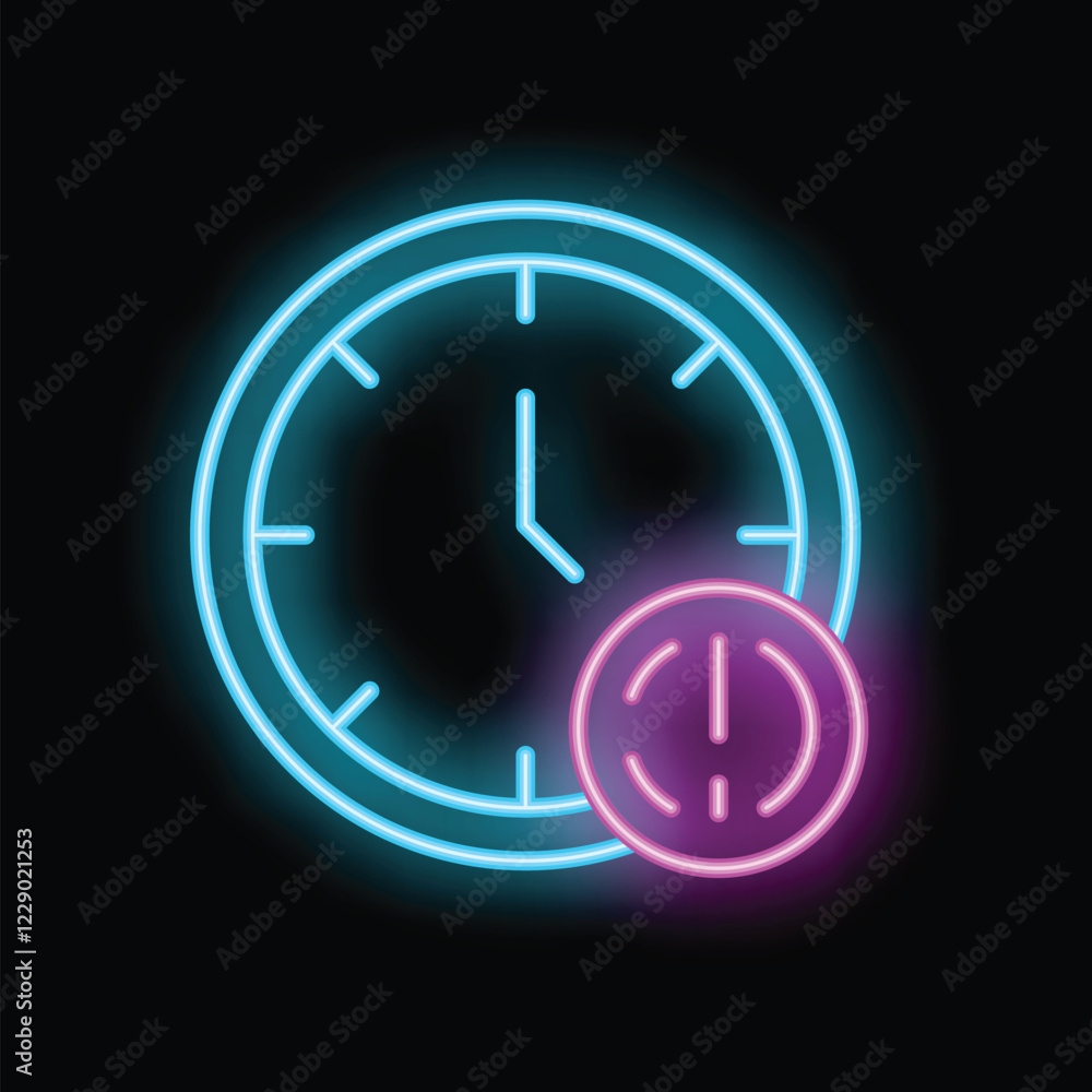 Aufkleber glowing neon clock showing the time passing with a power button icon underneath