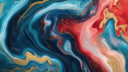Vibrant abstract art with swirling brushstrokes in bold shades of blue, red, and gold, filled with dynamic energy