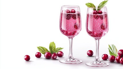 A cranberry mimosa cocktail, festive drink with fresh cranberries garnish, in elegant glassware, realistic style, vibrant color, isolated on white background
