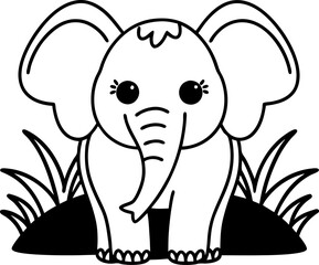 Obraz premium Adorable elephant in black and white surrounded by grass, cute animal illustration, children's art, safari wildlife
