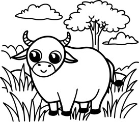 Happy buffalo in a grassy field with clouds and tree, children's coloring book, cute animal illustration