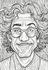 Coloring page for adults, wavy lines, MAD Magazine Character face, black and white, cartoon, white background