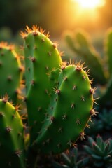Sunlit cactus leaves reveal their intricate texture, sunlight, plant