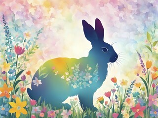 Obraz premium Abstract illustration of a bunny silhouette filled with a collage of spring flowers and vivid pastel colors, set against a soft background, AI generated