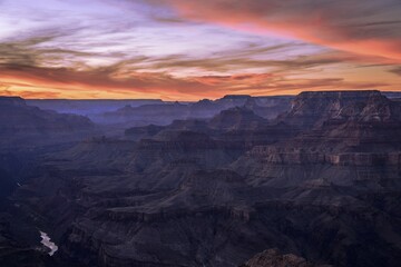 Canyon landscape, gorge of the Grand Canyon at sunset, Colorado River, view from Lipan Point, eroded rock landscape, South Rim, Grand Canyon National Park, Arizona, USA, North America