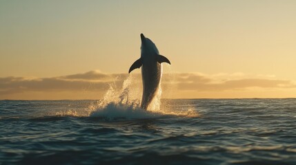 Dolphin Leaping Out of Water Against Golden Sunset Horizon