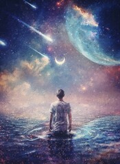 Fototapeta premium Wonderful cosmic painting with a person in the ocean of space. Surreal scene, starry night sky on another planet and a wanderer walks in the water watching the crescent moon, meteor shower and nebulas