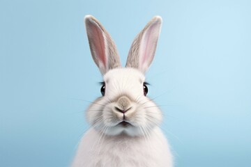 Obraz premium White rabbit on blue studio background. KI generiert, generiert, AI generated