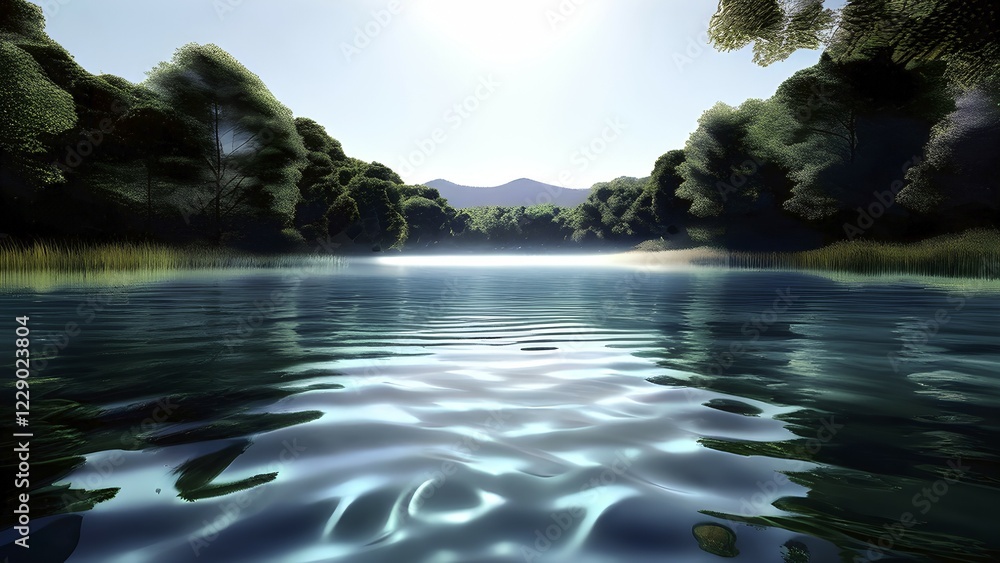 Poster ai generated illustration of a serene lake with reflections on the surface replaced with shimmering 