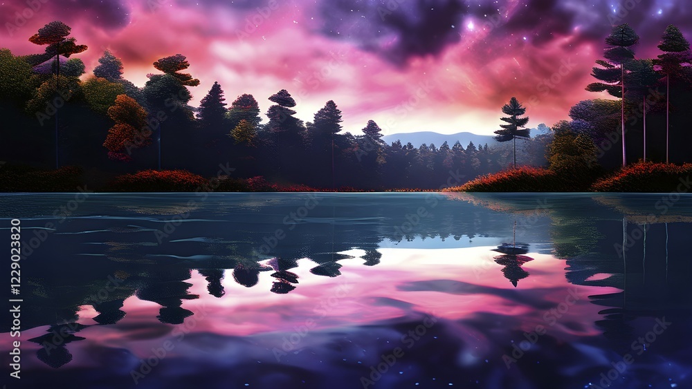 Poster ai generated illustration of a serene lake with reflections on the surface replaced with shimmering 
