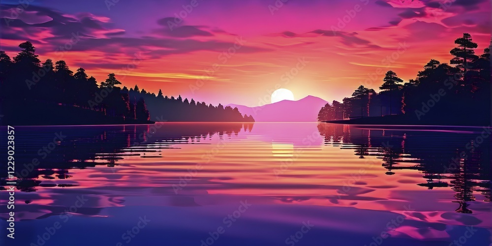 Poster ai generated illustration of a serene lake with reflections on the surface replaced with shimmering 