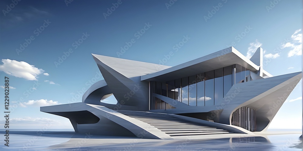 Poster minimalistic grey colored architecture in geometric adorned structures against a surreal backdrop, a