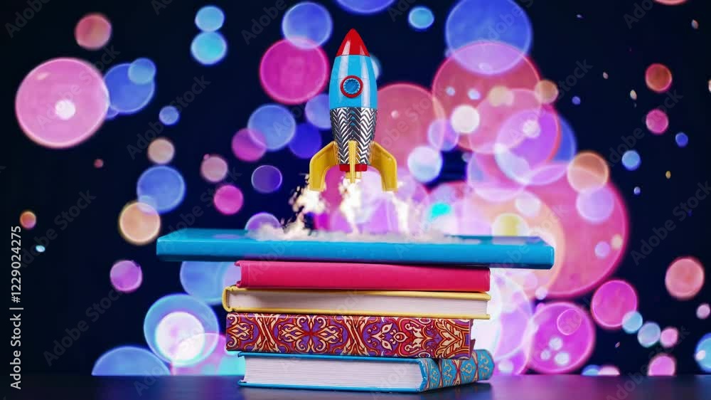 Aufkleber beautiful abstract illustration with a toy rocket launching from a stack of colorful books, surround