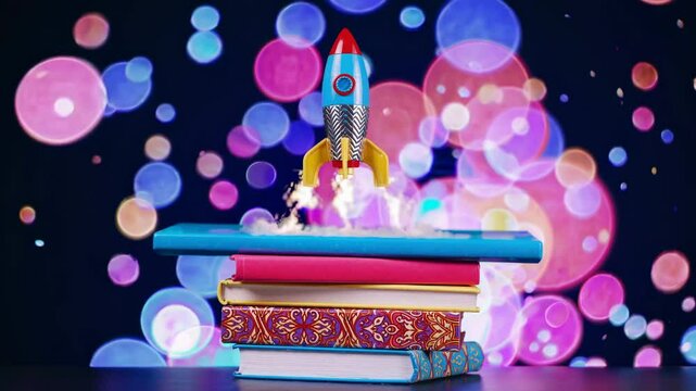 Beautiful abstract illustration with a toy rocket launching from a stack of colorful books, surrounded by swirling bokeh lights and soft smoke trails rising into the sky. The scene symbolizes inspirat