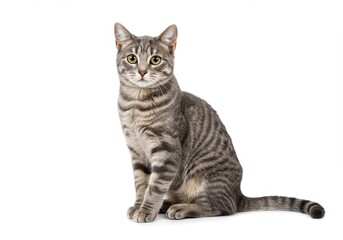 Obraz premium A gray tabby cat with a striped pattern and alert expression sitting upright and gazing forward isolated on a white background