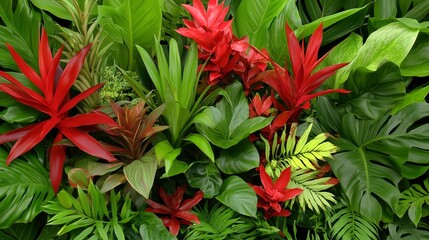 Lush tropical foliage with vibrant red and green plants, showcasing exotic rainforest greenery, botanical diversity, and natural beauty, creating a rich and refreshing jungle aesthetic.