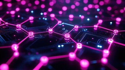 Obraz premium Abstract digital network connection glowing pink lines on dark tech background.